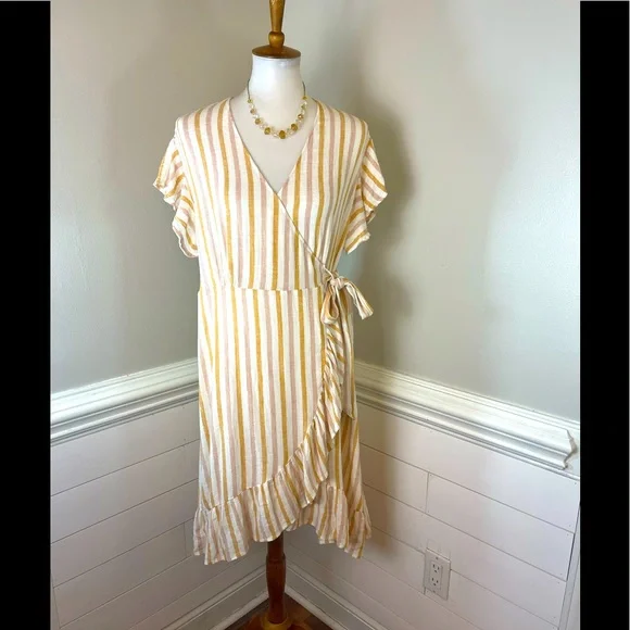 Rails Brigitte Amber & Light Rose Linen Blend Striped Wrap Dress L FREE SHIP - Picture 1 of 5